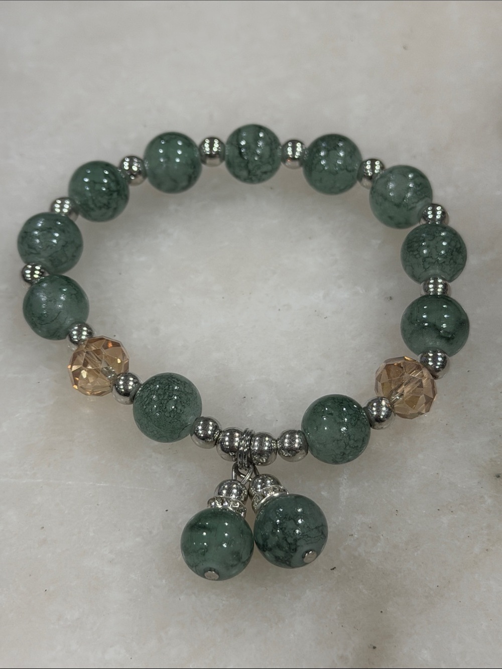 Green Beaded Charm Stretch Bracelet Handmade Boho Gift
